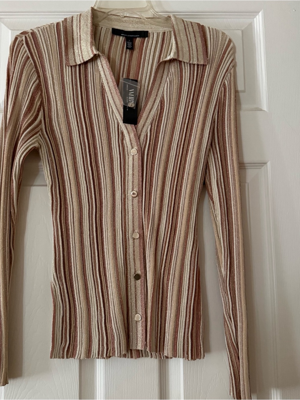 White House Black Market Long-Sleeve Lurex Button-Down Top